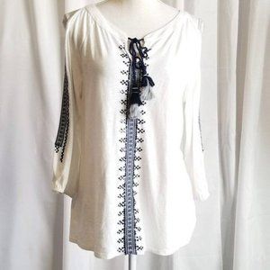 Chico's Cold Shoulder Top Tassels and Embellished Sleeves Size Medium Chico's 1